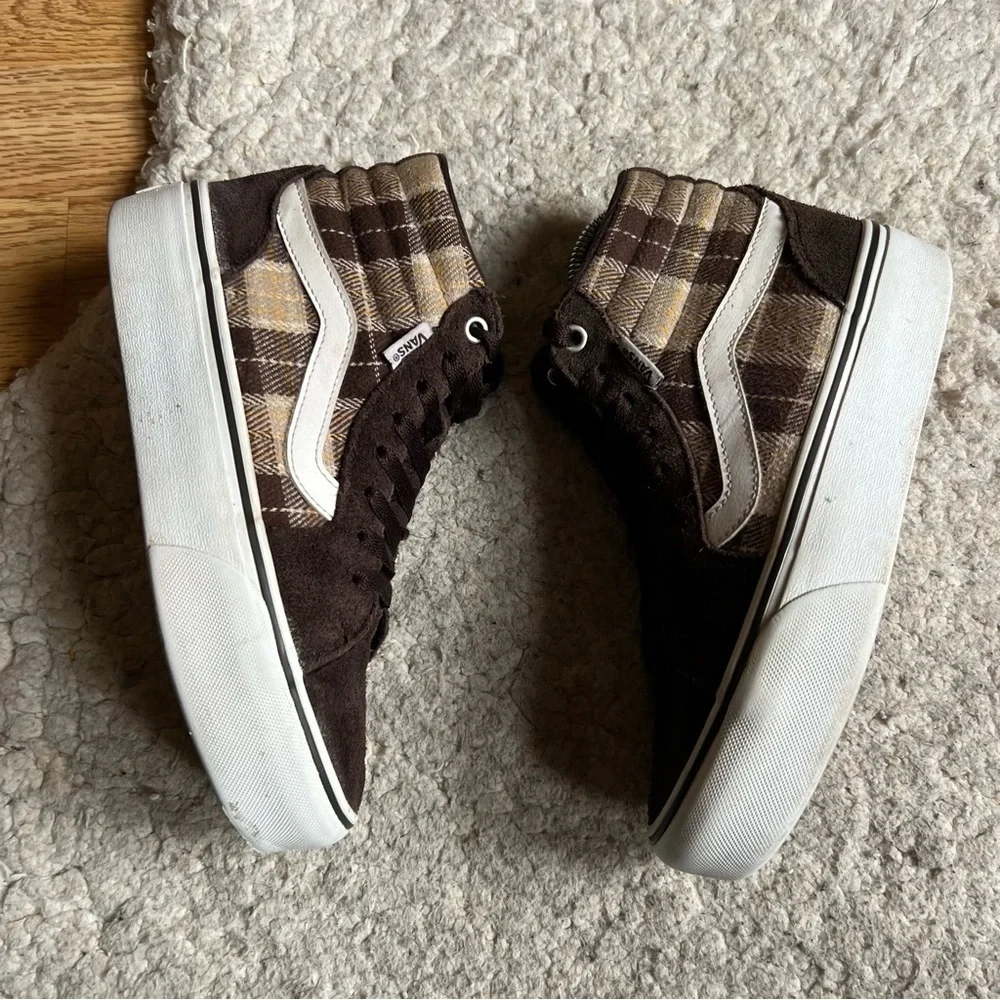 Vans: Brown Cream Tan Plaid Mix Filmore Hi Platform Sneakers Women's Size 6 - Picture 4 of 14